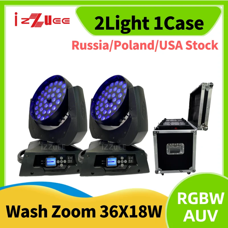 Free Tax 2x LED Wash Zoom 36x18w Moving Head Light RGBWAUV 6IN1 With Flightcase Lyre stage equipment DJ Party Nightclub Stage