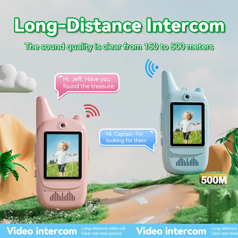 Natale 2 pezzi Video Walkie Talkie Videocitofono HD Caratteri vocali ricaricabili Chiamata con un clic Cambia voce dei cartoni animati Regalo per i bambini