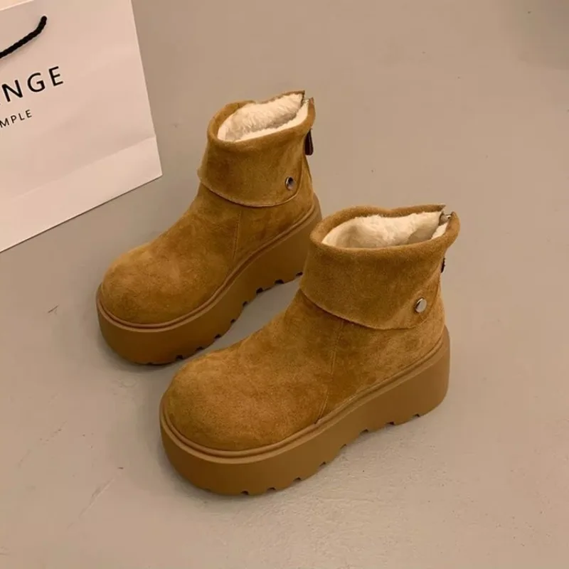 Damen-Plateau-Stiefeletten, Obermaterial aus Wildleder, klobige, rutschfeste Sohle, Reißverschluss hinten, runde Zehenpartie, Winter-Freizeit-Stiefeletten – Detail 2
