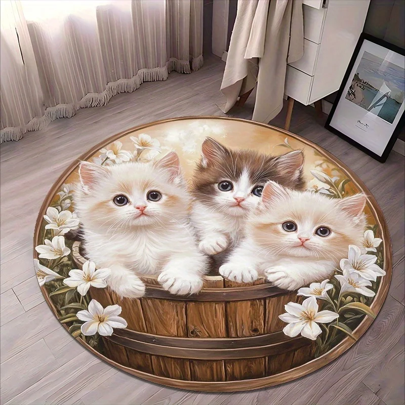 1pc 2D Flat Round Floor Mat, Kittens in Wooden Barrel Printed Rug, Home Decor, Suitable for Living Room and Bedroom
