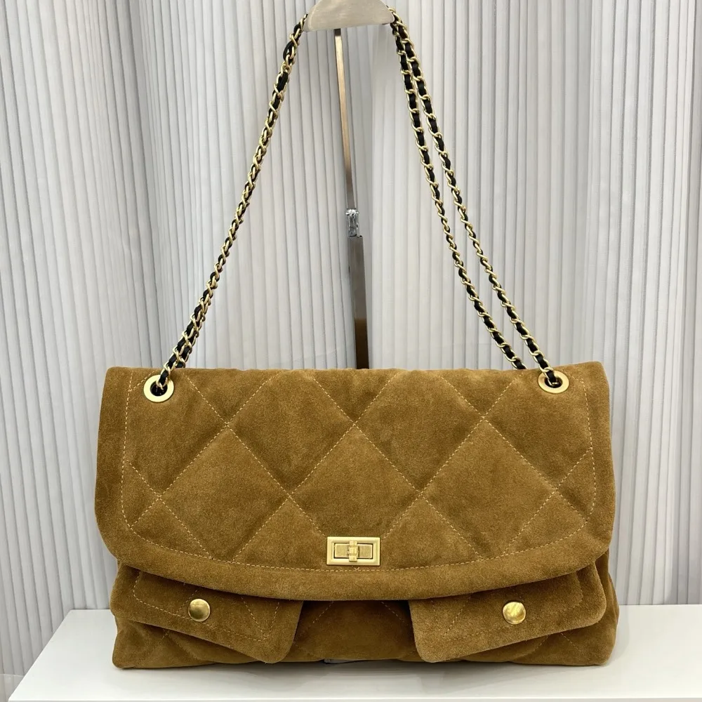 

2025 New Autumn Winter Double Pocket Suede Big Rhombus Chain Tote Cover Bag Hobo Large Capacity Shopping Bag Commuter Women Bag
