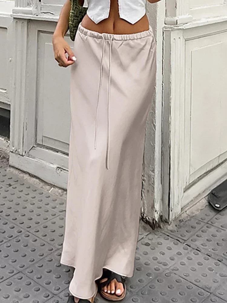 Satin Maxi Skirts For Women Solid Color Bandage A-Line Loose 2024 Summer Fashion Long Skirts Female New Casual Clothes