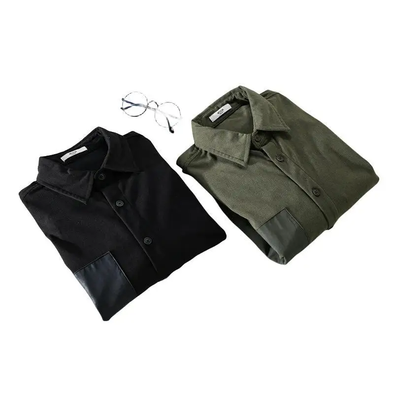 Retro Spring Autumn Corduroy New Patchwork Men's Polyester 100% Daily Casual Shirts For Men Loose High Street Clothes Tops