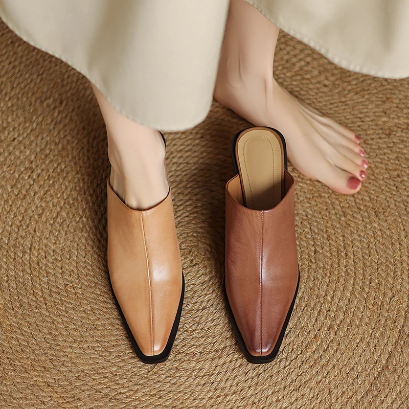 

6.5CM Baotou slippers retro top layer pigskin back empty large size comfortable casual street handmade women's shoes