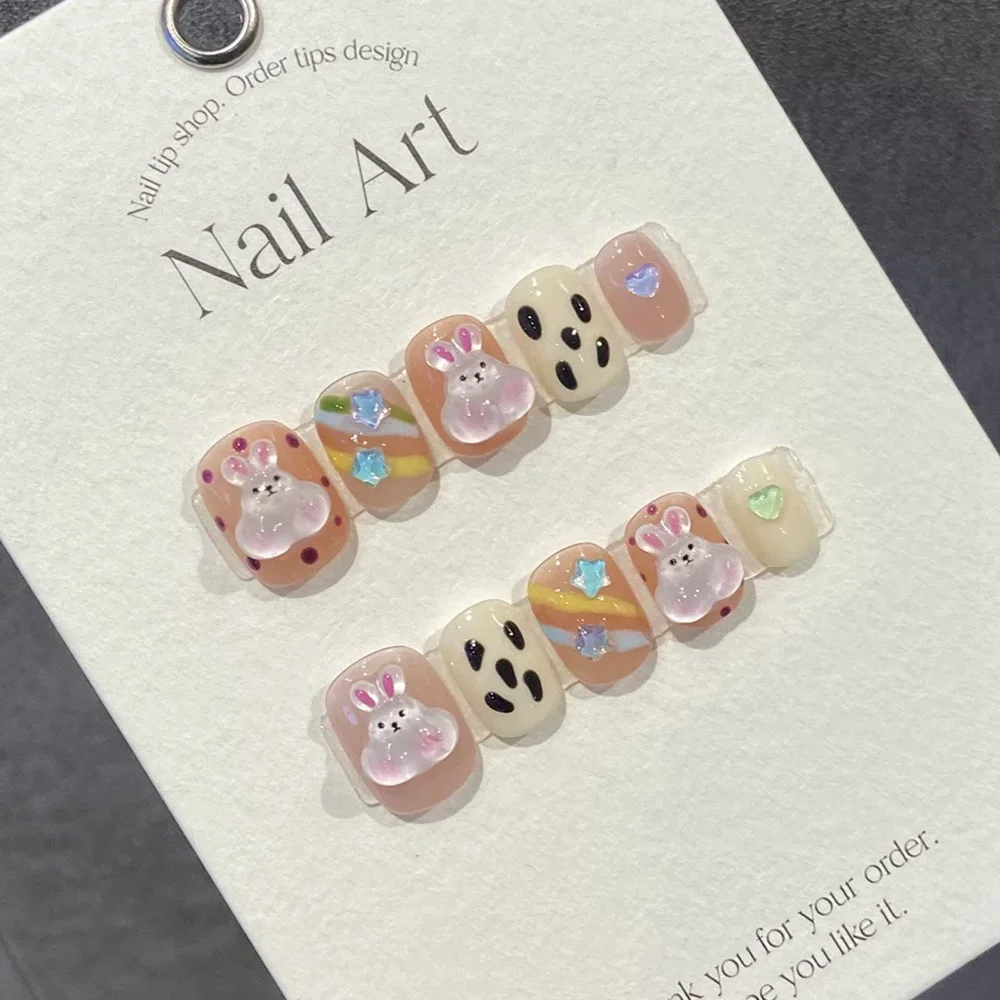 

Handmade Short Press on Nails Pink Japanese Kawaii 3d Design Reusable Adhesive False Nails Acrylic Artificial Manicure for Girls