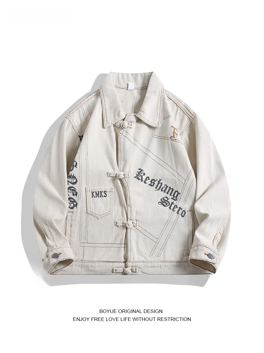 

Повседневная джинсовая куртка Boyue с вышивкой на пуговицах и буквенным принтом, уличная рабочая одежда, смесь хлопка и полиэстера