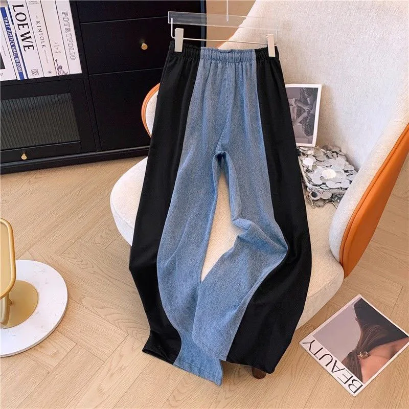 New Fashion Female Trousers Set Spring Autumn Fake Two Pieces Denim Coat Wide Leg Pants Two-Piece Women\'s Casual Sports Sets 4XL