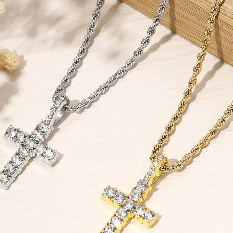 Cross Necklace for Men Gold Necklace for Women Cross Jewelry Silver Plated Solid Iced Cubic Zirconia Stainless Steel Pendant