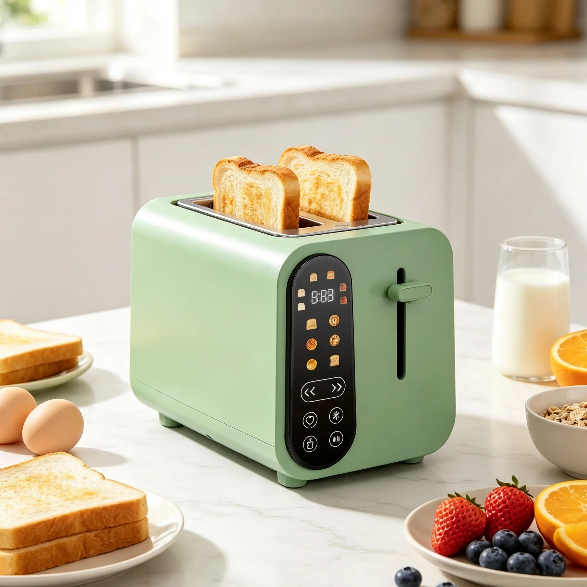 Multifunction 2‑Slice Electric Toaster Touch Screen Digital Timer Shade Control Extra Lift Kitchen