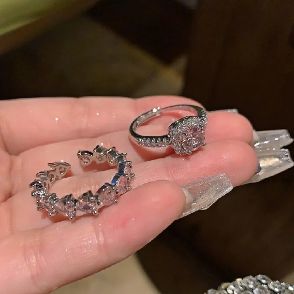 Französischer Retro-Ring mit rosa Imitationskristallen und Zirkonia, silberfarbenes Herz, verstellbarer Damenring, trendiger Schmuck, Accessoires – Detail 3