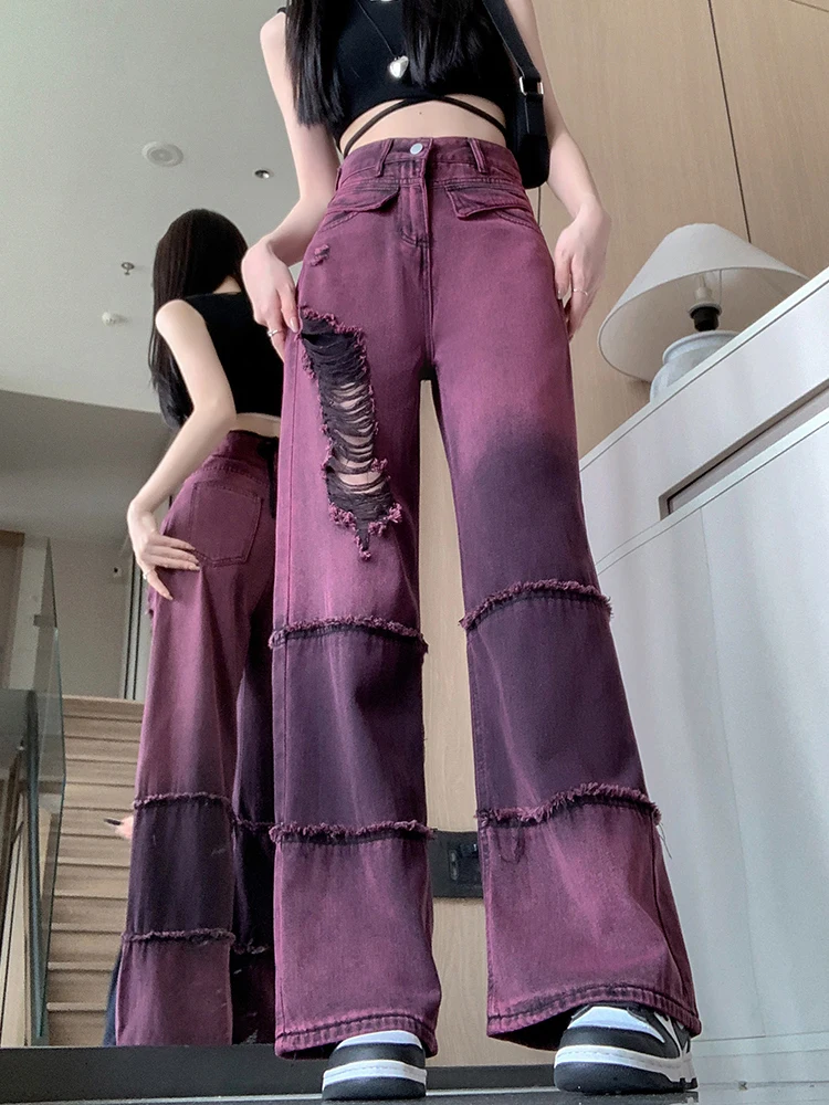 ReddaChic Ripped Gradient Washed Women Baggy Jeans Patchwork Frayed Hiphop Wide Leg High Waist Trousers Vintage Y2k Streetwear