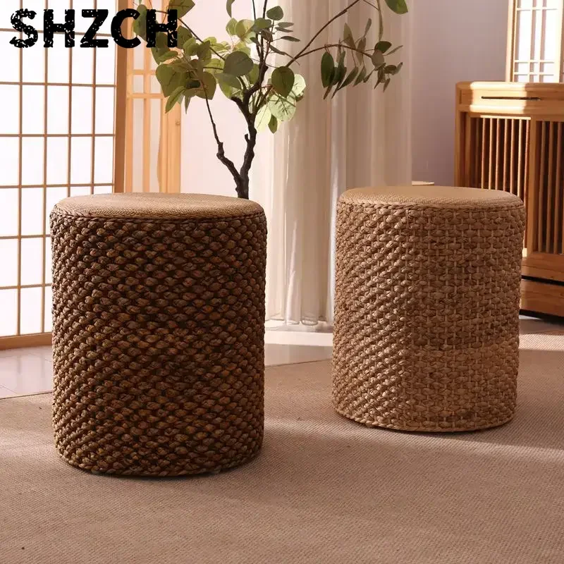Handwoven Rattan Ottoman Stool with Solid Wood Frame, Round Boho Pouf for Entryway, Living Room, Vintage Footrest & Seat Accent