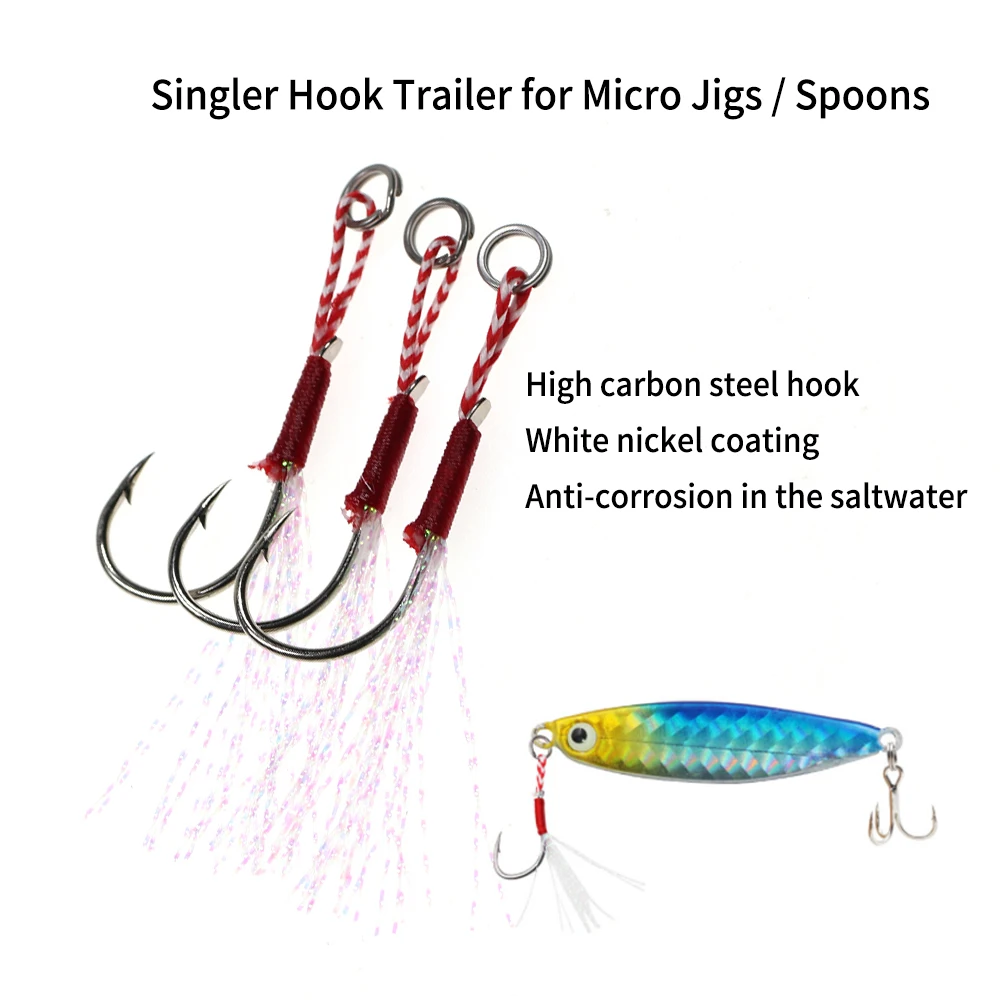 Elllv 100PCS/box Slow Jigging Assist Hook Single Barbed Cast Jig Hooks With Feather Sea Bass Fishing Lure Hooks 5 Sizes Mixed