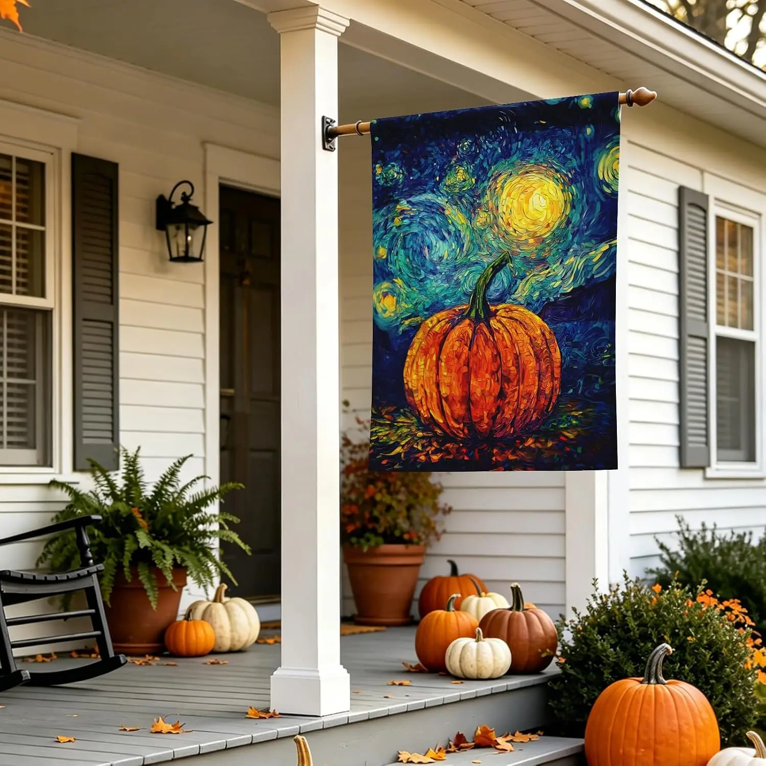 Fall House Flag Pumpkin Yard Flags Van Gogh Art Starry Night Sky Moon Garden Flags Autumn Oil Painting Chinoiserie Thanksgiv uui