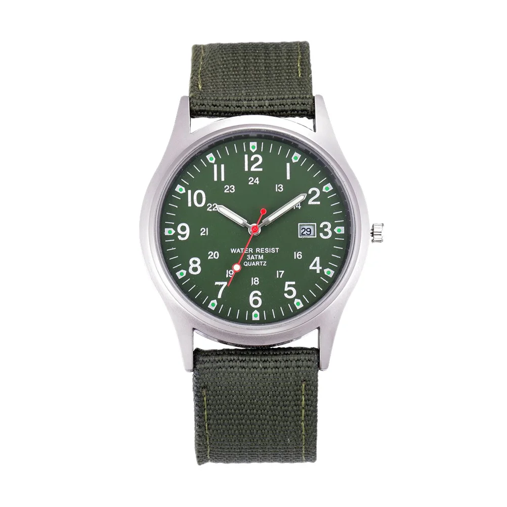 1pc Military Green Canvas Band Quartz Movement Calendar Function Men'S Fashion Wristwatch Durable Male Timepiece