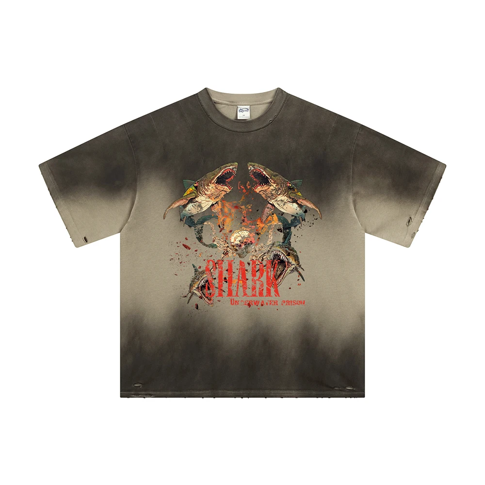 

Berserk Shark Print Oversized T-shirt Men Graphic T Shirts Y2k Goth Tops Ripped Streetwear High Quality Short Sleeve Cotton Tee