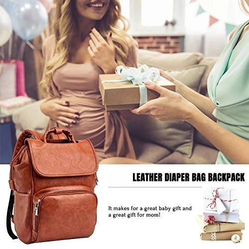 PU Leather Diaper Bag Backpack Unisex Baby Travel Bag with Changing Mat Large Capacity Travel Diaper Backpack for Mom