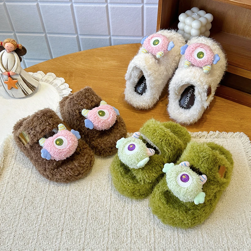 Kids Cute Monster Plush Slide Slippers, Soft Furry Cartoon Decor Open Toe Non Slip Warm Shoes for Indoor Home Wear