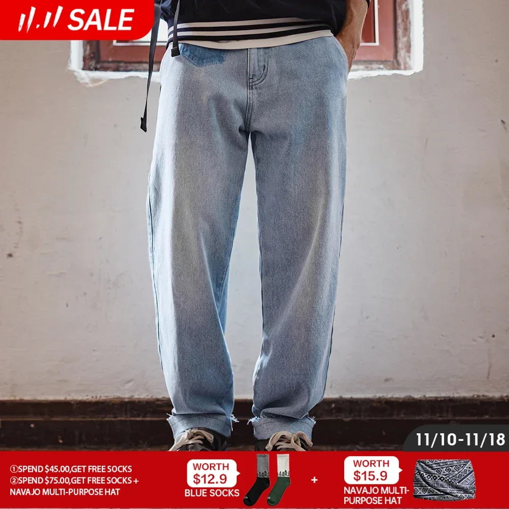 

Винтажные хлопковые джинсы Maden с необработанными краями, прямые однотонные повседневные брюки для мужчин с молнией, дизайн контроля доступа для мужчин