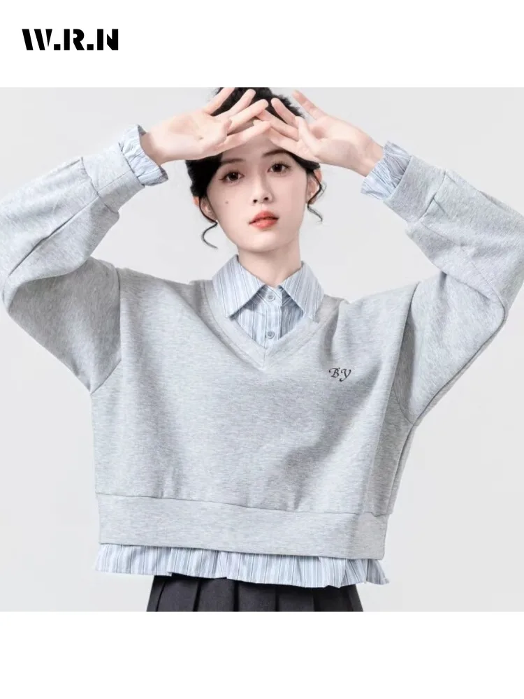 

Casual Y2K Long Sleeve Striped Print Basics Sweatshirts 2025 Winter Women's Fashion Fake Two Piece Letter Printting Short Top