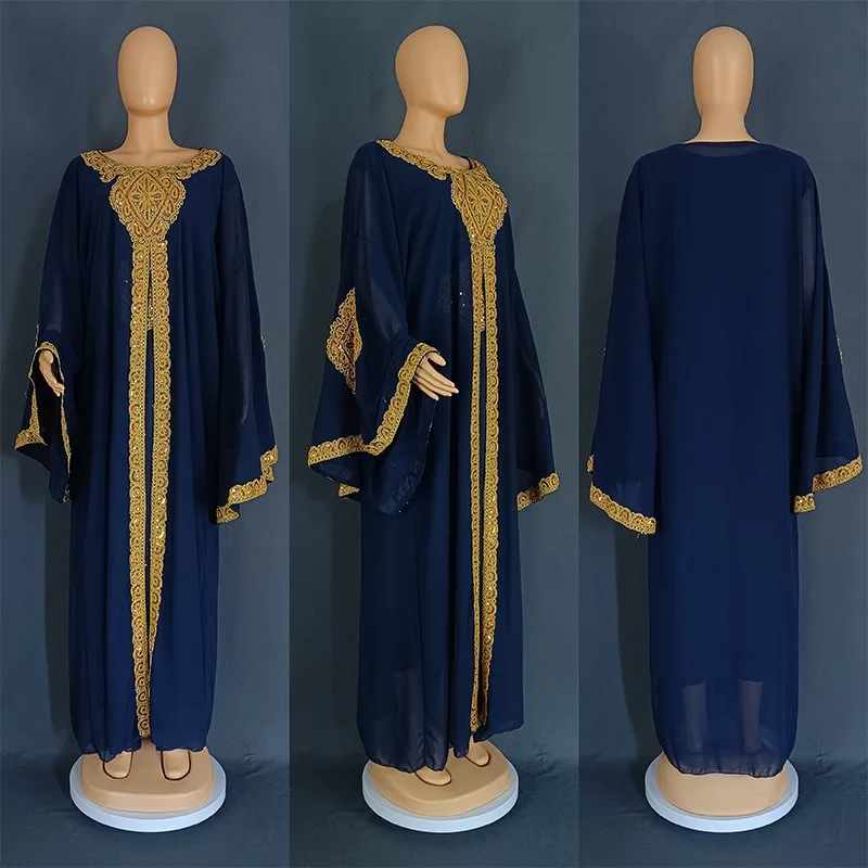 Two Piece Set Dress African Dresses for Women 2023 Traditional Gold Embroidery Clothing Islam Kaftan Abaya Musulman Robe Femme