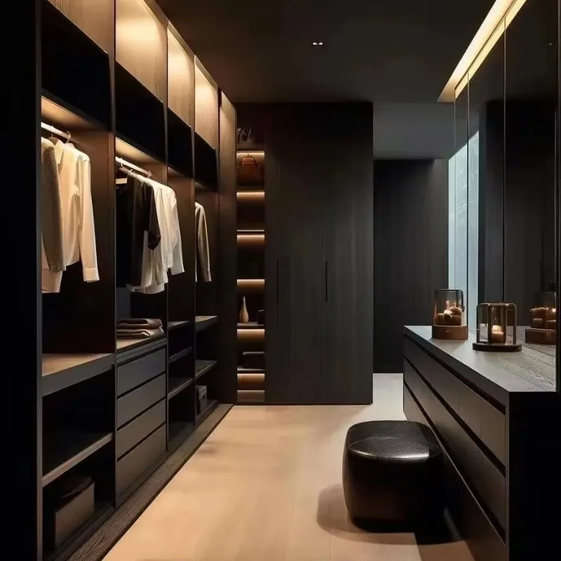 Custom Luxury Walk in Closet System, Dressing Room Wardrobe With Central Vanity Unit Hanging Zone Open Nook Built in LED Light