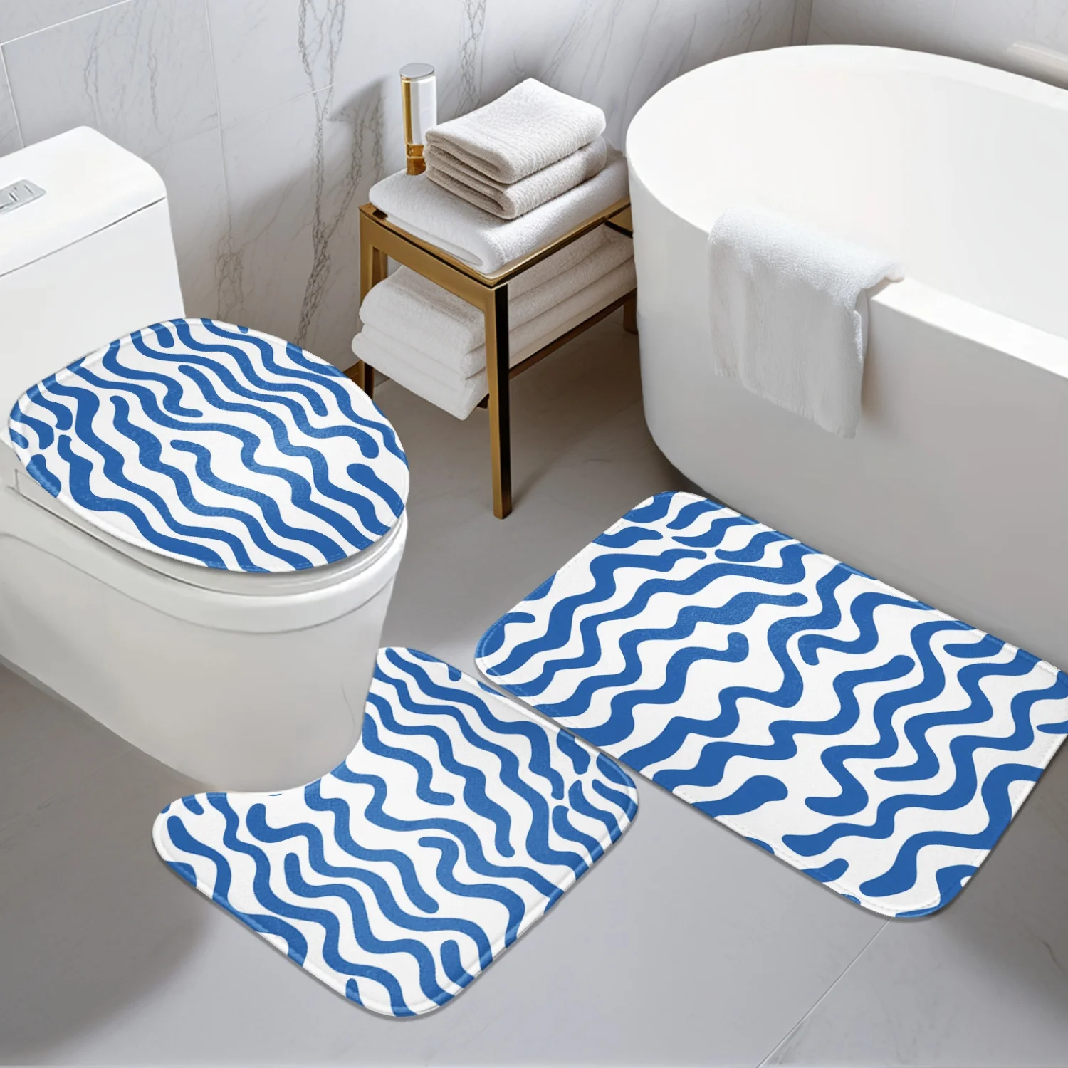 

Bathroom Anti-slip Mat -3pcs Set - Blue And White Wave Pattern 2D Flat Design Pattern - Digital Printing - Including Anti-slip M