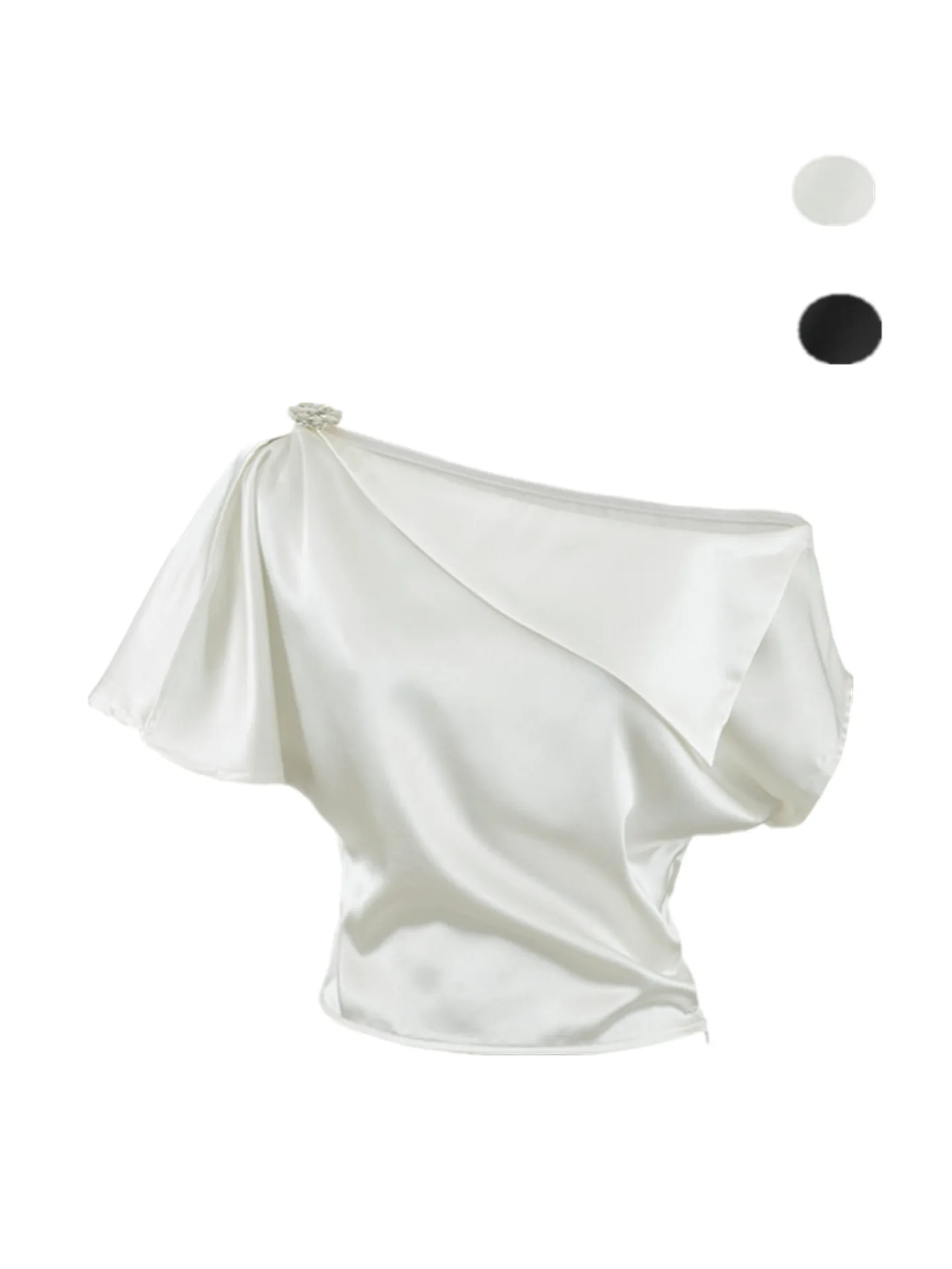 Elegant Satin Asymmetric Single-Sleeve Shoulder Bared T-Shirt Reveals Clavicle Slimming Top French Style Universal Fit Slimmi...