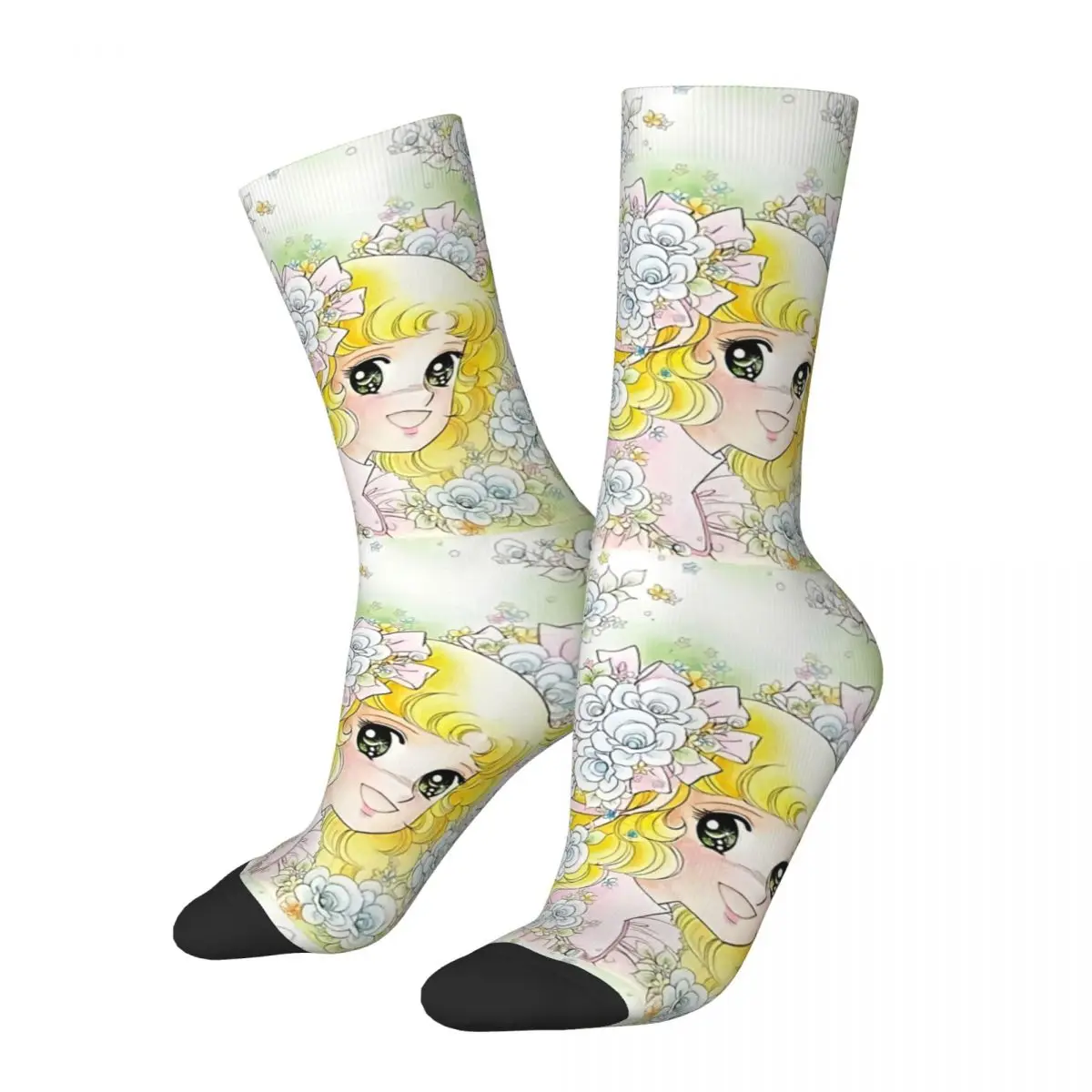 

Retro Flowery Candy Candy Football Socks Kawaii Anime Polyester Crew Socks for Unisex Non-slip