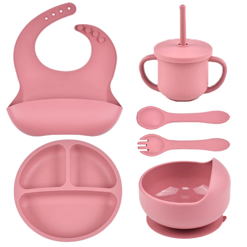 6 Stuks Siliconen Servies Set Baby Voeding Waterdichte Slabbetje Bord Kom Lepel Vork Stro-Cup Kinderen Groei Cadeau Voor Jongen Meisje