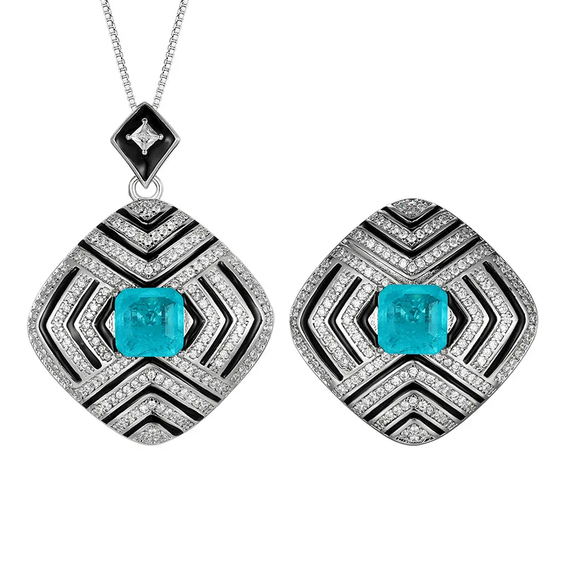 Vintage Art Deco Style Jewelry with Blue Square Gemstone Adjustable Ring Necklace Sparkling CZ Crystals Statement for Women Gift