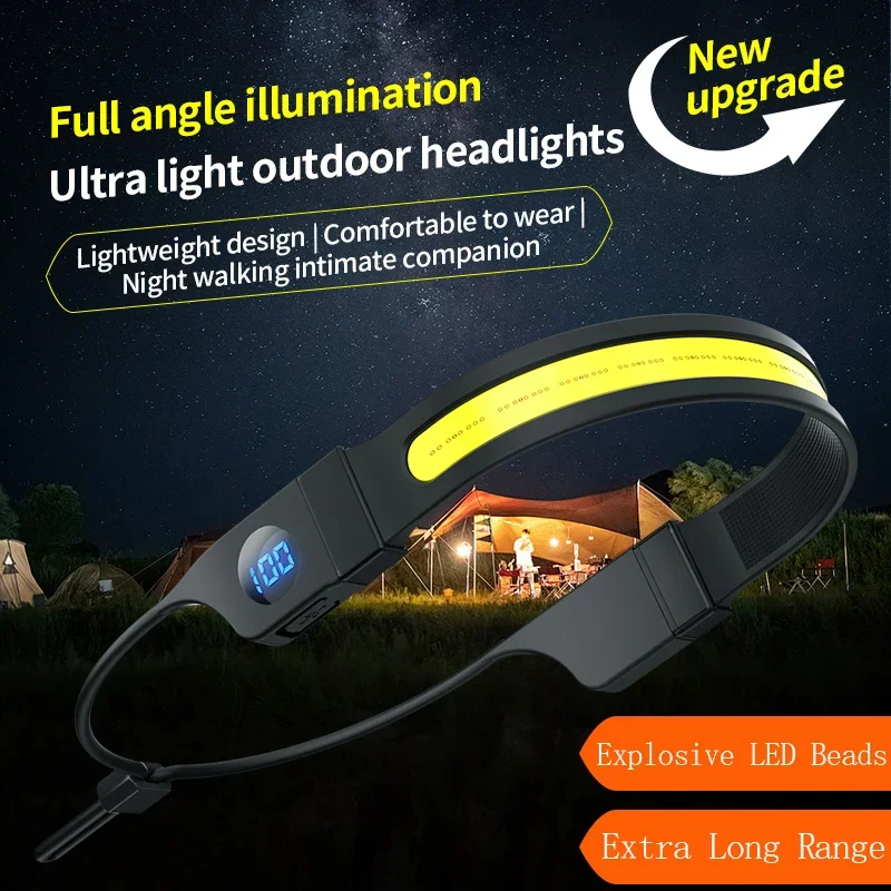 COB Headlamp with Built-in Battery, Type-C Charging, Digital Power Display, Dual-Source Silicone Strong Light Headlamp