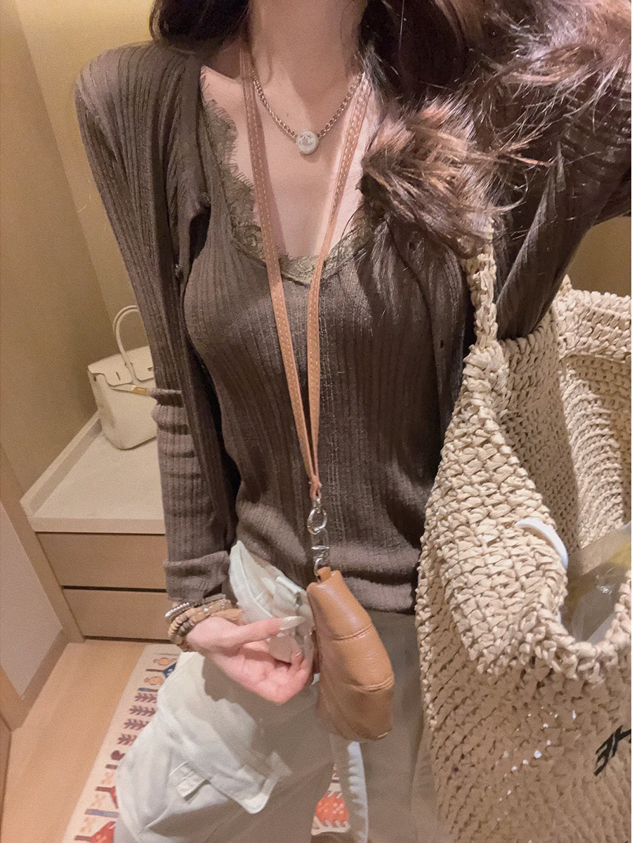 

Elegant Lace Trim Knitted Cardigan Set Two Piece Cute Style Long Sleeve round Neck Striped Pattern Open Front Women's Wear