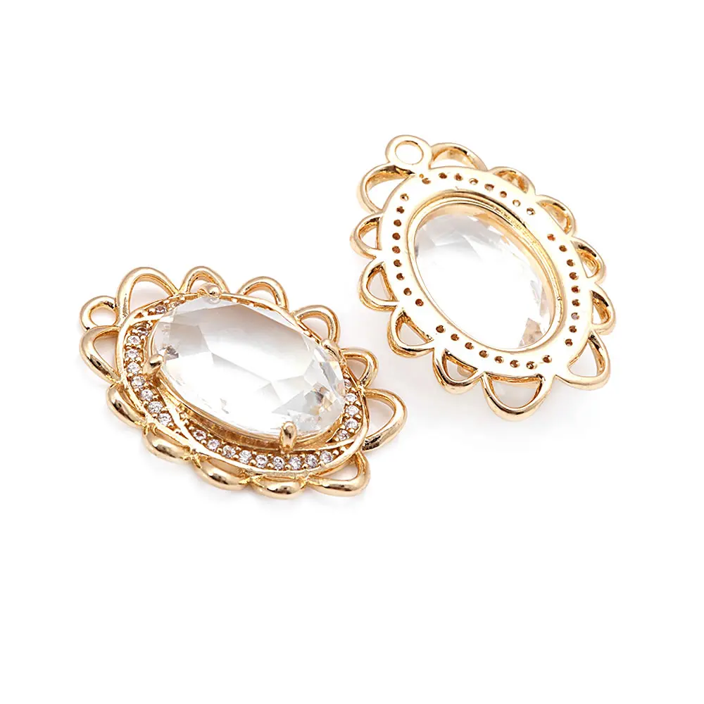 18K Gold Color Brass Zircon Glass Oval Shape Connect Charms Pendants High Quality Diy Jewelry Accessories Making Materials