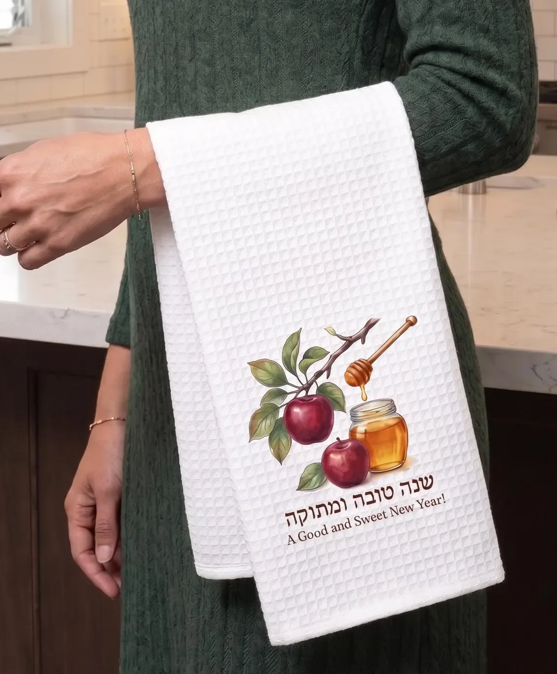 Apple Honey Print Rosh Hashanah Waffle Weave Kitchen Towel Shana Tova Jewish New Year Tea Hand Towel Holiday Gift Supplies