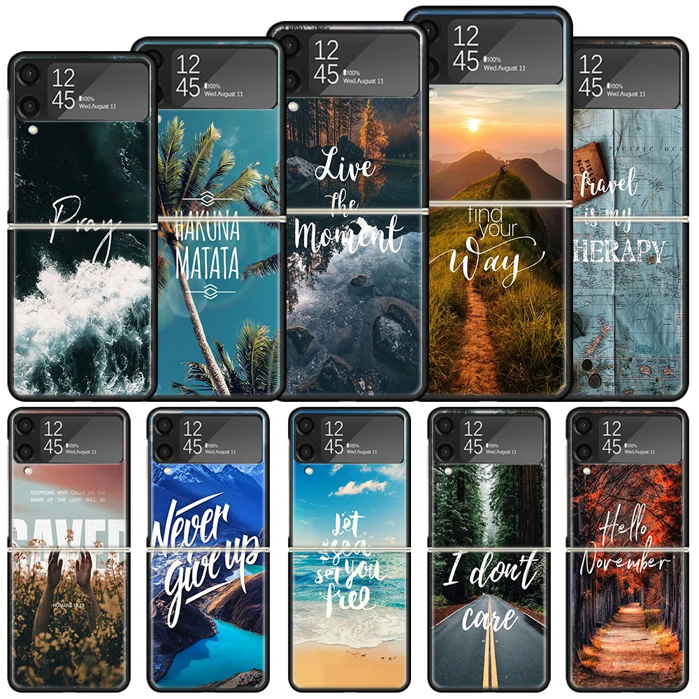 Travel Mountain Beach Proverb Shockproof Hard Case For Samsung Galaxy Z Flip 4 5 3 5G Phone Cover Z Flip3 Flip4 Flip5 Black Fund