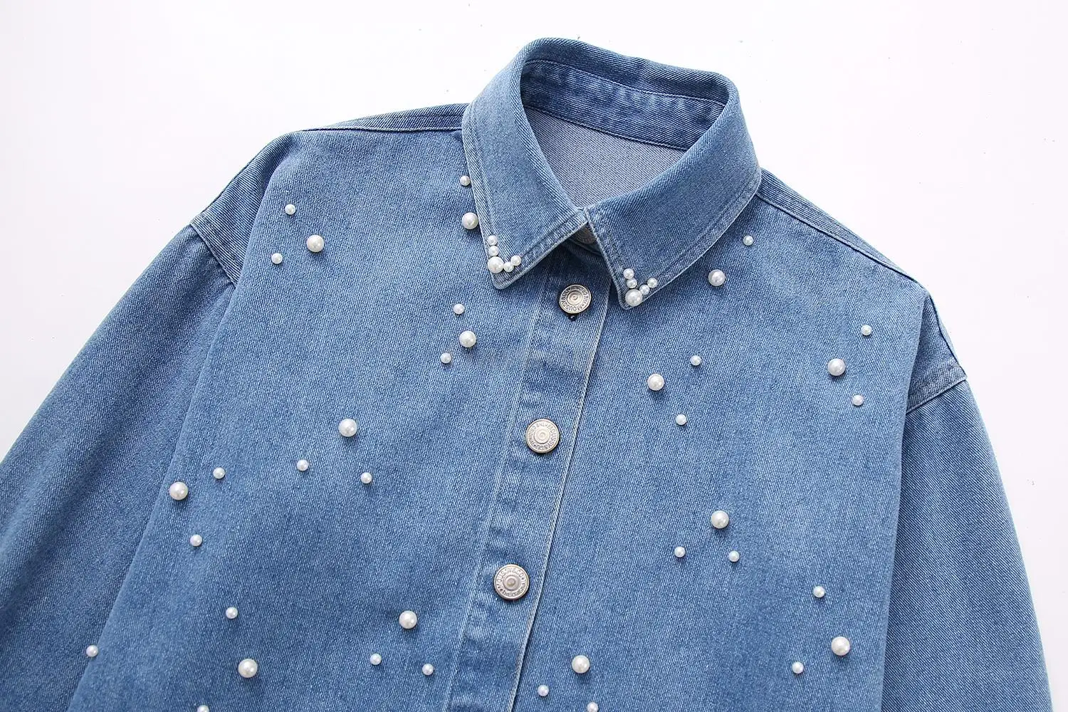 Garaouy 2024 Spring Women Lapel Single Breasted Artificial Pearl Denim Shirt Jacket Oversized Vintage Cowboy Blouse Coats Female