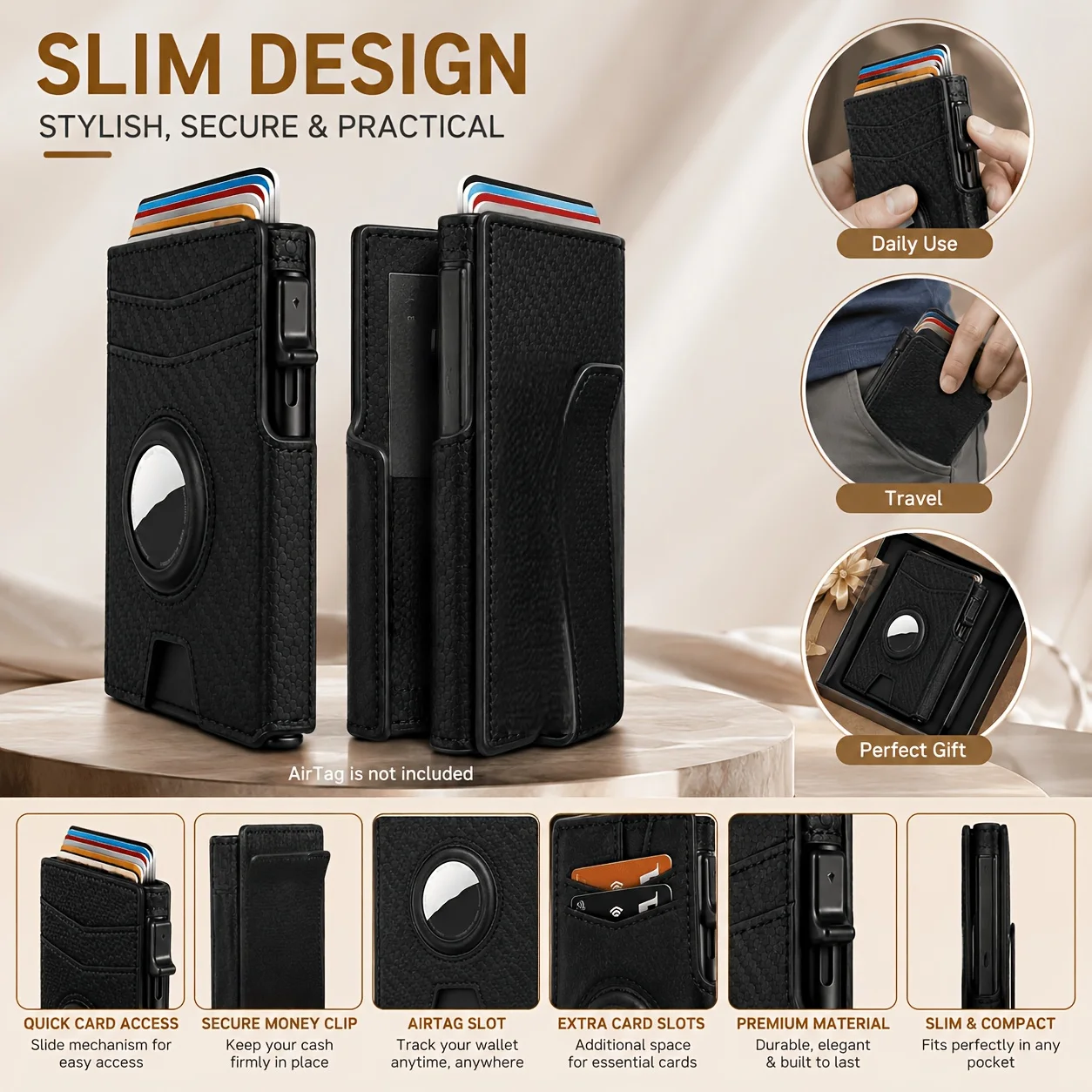 New Men's Ultra-Thin Leather Wallet, Pop-Up Card Design Card Holder, Multi-Slot Id Window, Large Capacity Minimalist Front Pocket Clutch