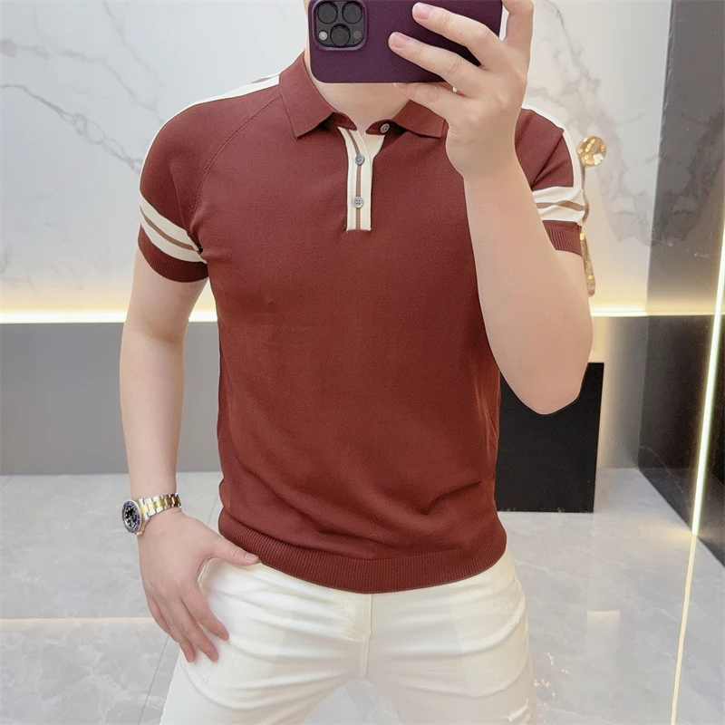 

Trendy Men's Polo Shirt 2025 Summer Knitted Casual Business Tshirts Striped Slim Fit Versatile Ice Silk Short Sleeved T-shirt