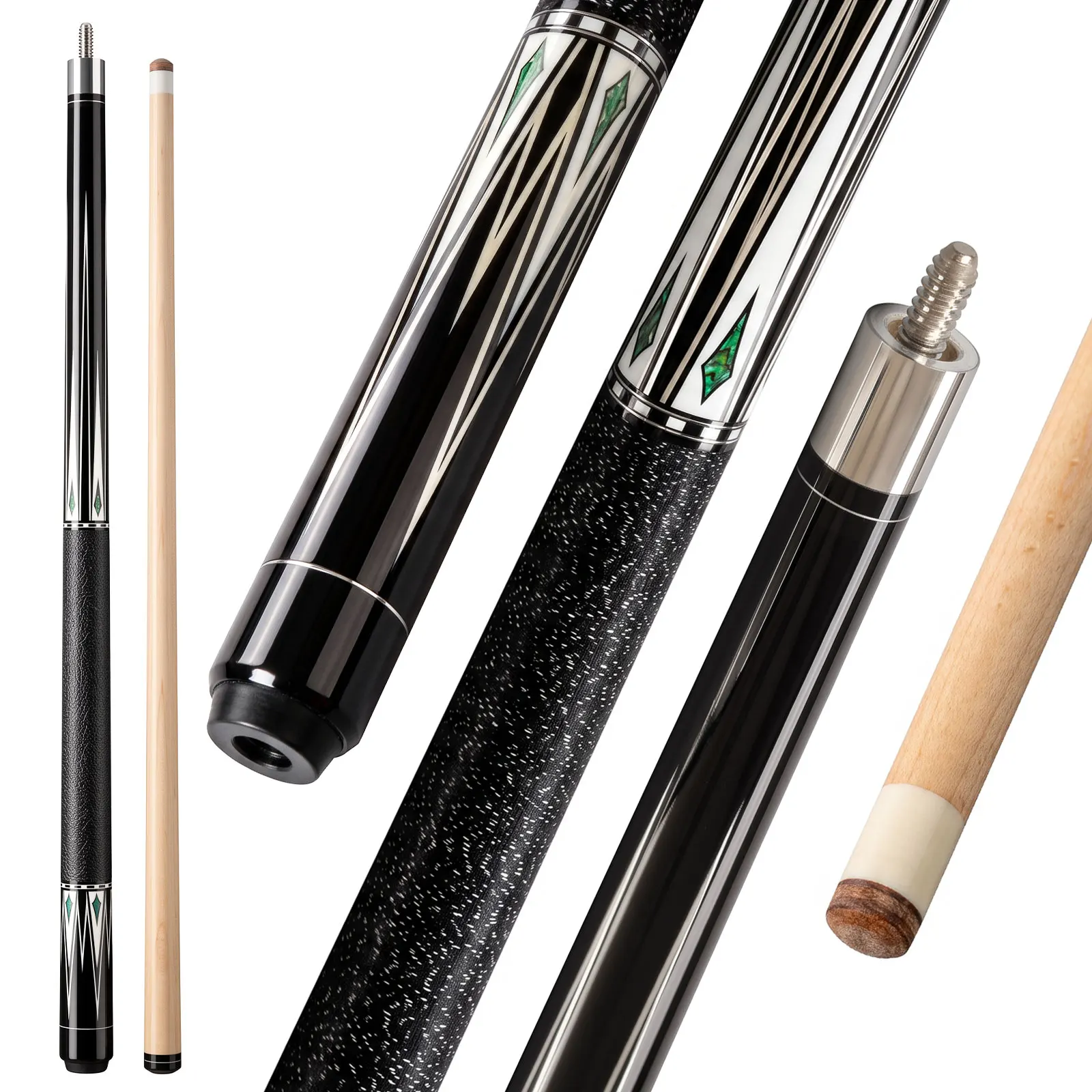 Professional 1/2 Split Pool Cue Stick, 5/16*14 Radial Pin, Maple Shaft  and Irish Line Wrap, 12.5mm and 11.8mm tips