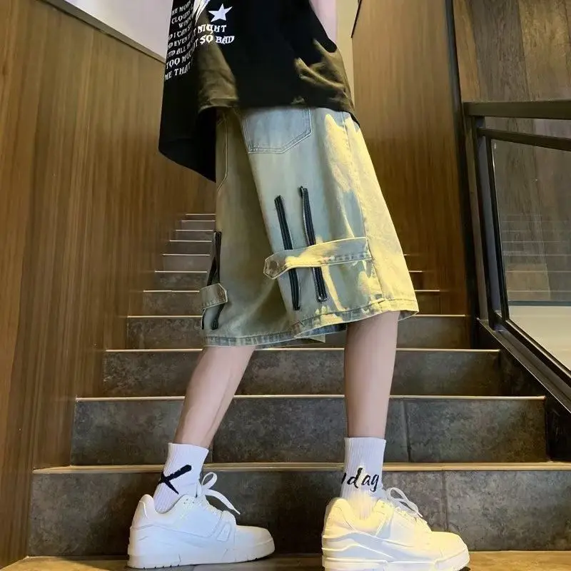 

Летние тонкие мужские джинсы-шорты с рваными элементами, повседневные, облегающие, модные, брендовые, с низкой/средней посадкой, прямые штанины