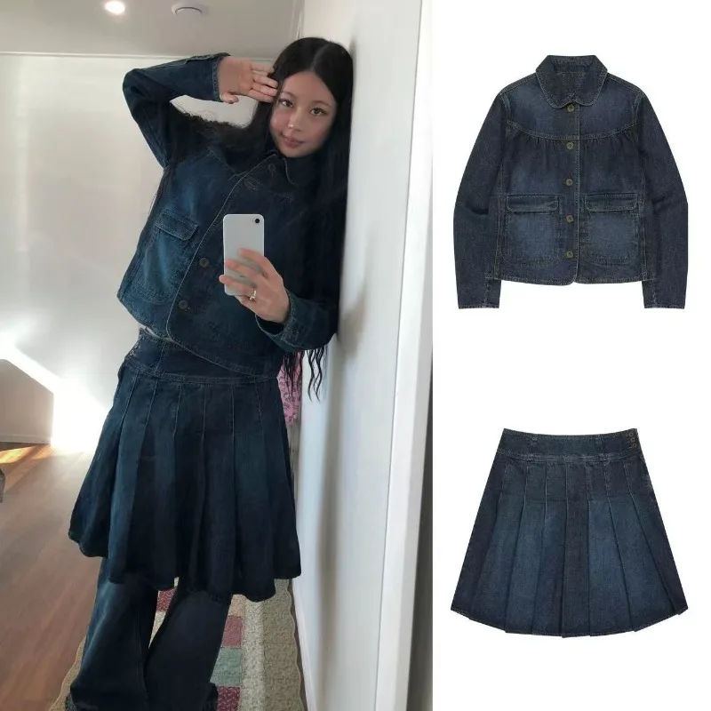 

Винтажное модное джинсовое пальто меньшинств, японская универсальная куртка премиум-класса с отложным воротником и рюшами, свободная повседневная куртка High Street