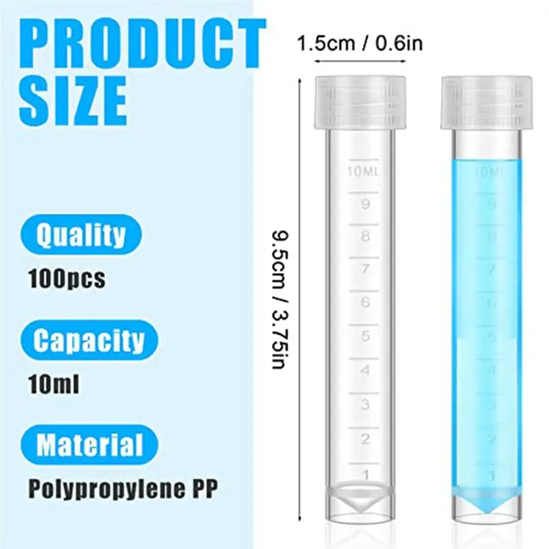 Jun.A-100 Pcs 10Ml Plastic Test Tubes with Lids Vial Seal Cap Container Small Storage Tubes with Caps Clear Test Lab Tubes