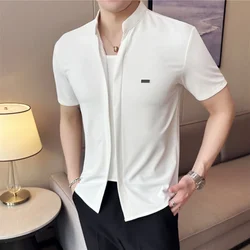 Summer Ice Silk Shirt Men Short Sleeve Casual Shirts Stand Collar Pullover Elasticity Business Social Dress Shirts Men Clothing