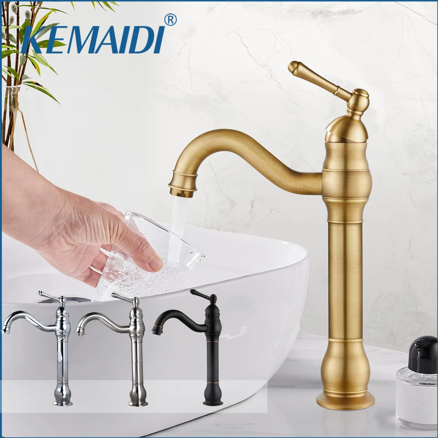 

KEMAIDI Antique Brass Vessel Sink Faucet Bathroom Single Handle Lavatory Vanity Mixer Tap w/ 360 Swivel Spout Deck Mounted