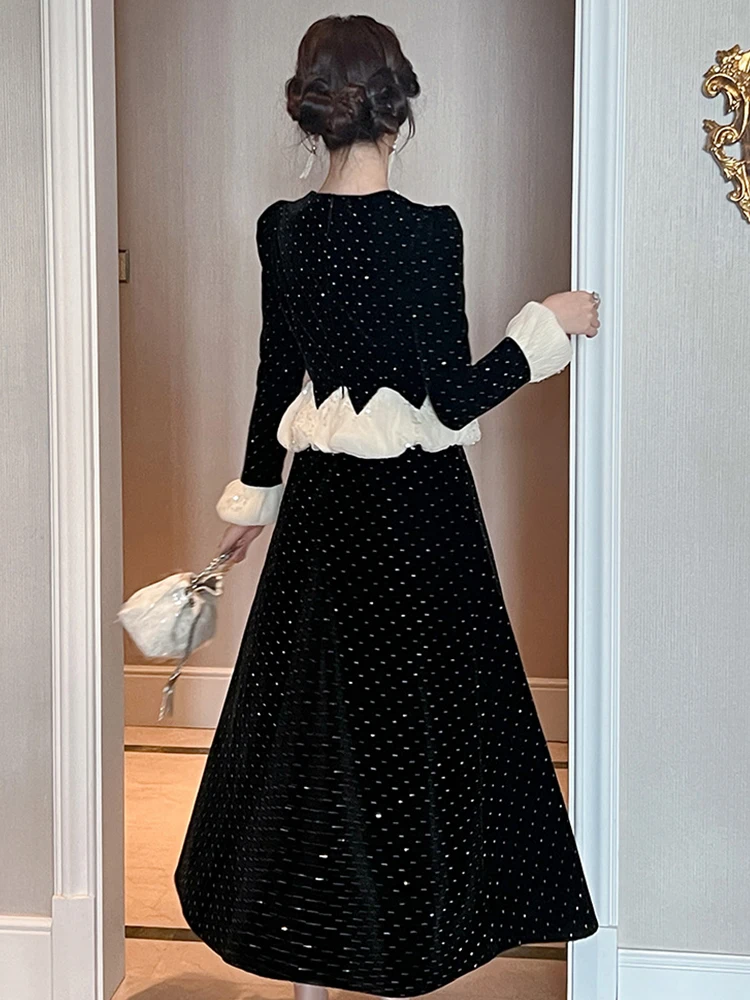 Ropa de mujer falso 2 piezas elegante de lujo de terciopelo negro de manga larga ajustado Vestido acampanado fiesta de noche Vestido de cumpleaños bata Casual