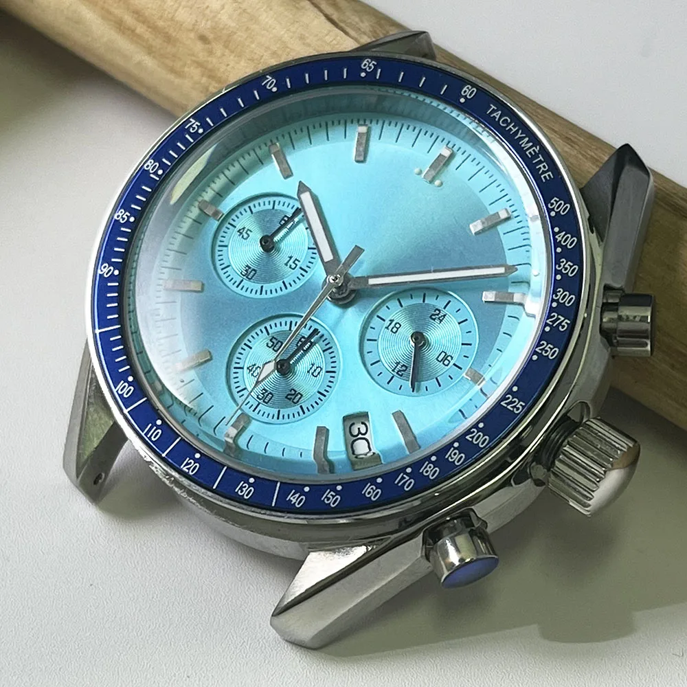 40 ملم للرجال متعدد الوظائف كرونوغراف كوارتز حافظة من الفولاذ المقاوم للصدأ VK63 حركة زجاج معدني أزرق ثلجي #6