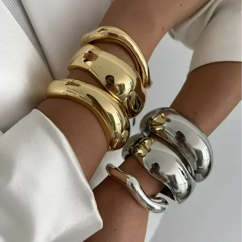 Vintage Wide Cuff Bangles Hip Hop Punk Gold Silver Color Geometric Metal Spring Bangles For Women Bracelets Men Jewelry