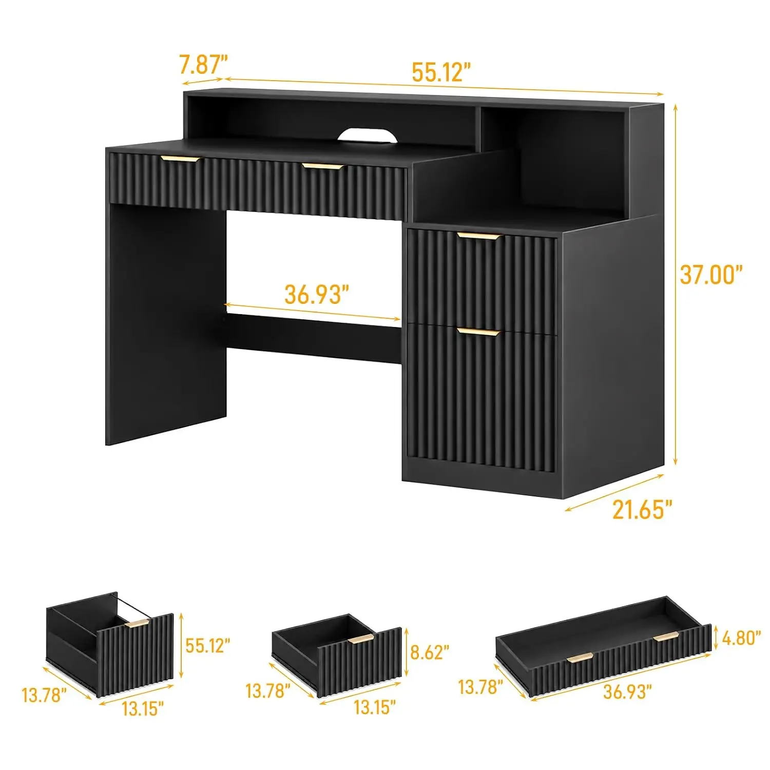 Fluted Computer Desk with Drawers & Power Outlets, Printer Stand Storage Cabinet, Monitor Stand, Home Office Study Desk, Black,