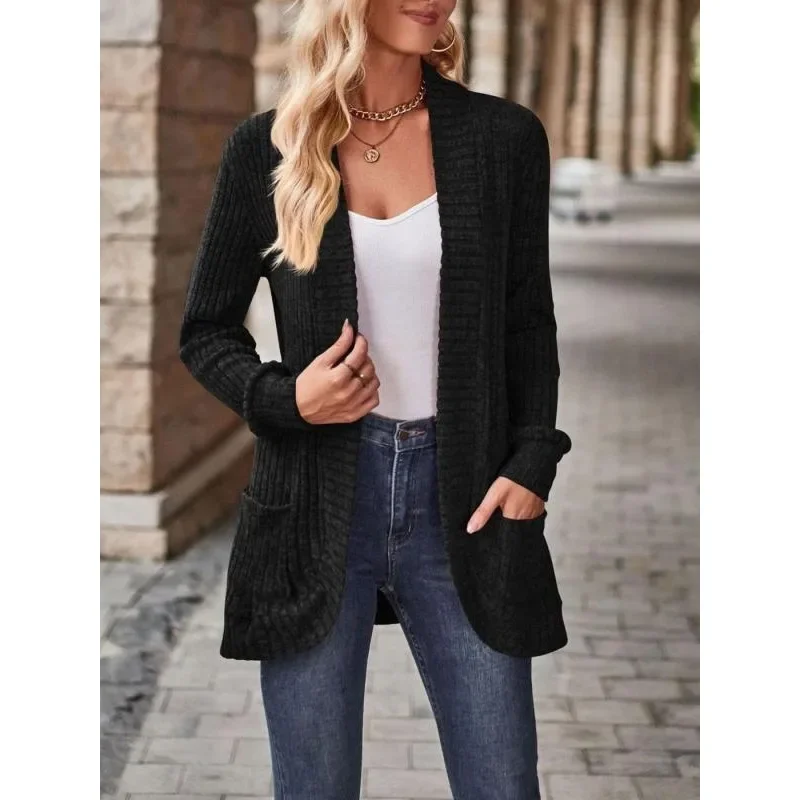 

Плюс размер 1XL-5XL, новое женское модное однотонное пальто в рубчик с карманами, женское повседневное пальто с открытой передней частью, элегантное пальто с длинными рукавами